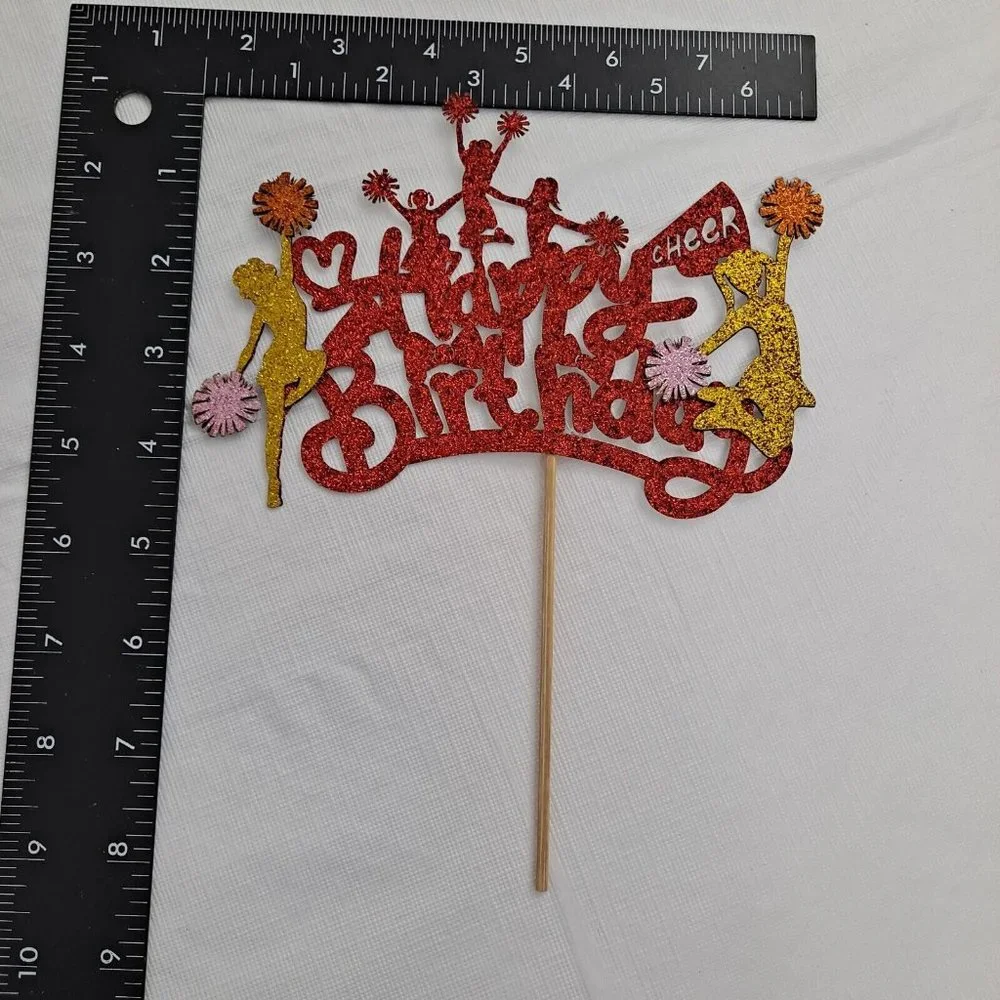 Happy Birthday Cheerleader Cheer Party Red Gold Sparkle Cake Topper